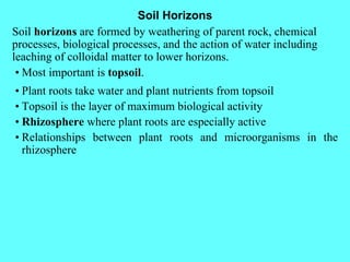 Soil Horizons Soil  horizons  are formed by weathering of parent rock, chemical processes, biological processes, and the a...