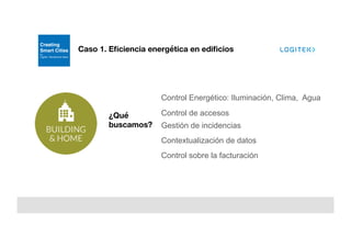 ¿Qué
buscamos?
Caso 1. Eﬁciencia energética en ediﬁcios
Control Energético: Iluminación, Clima, Agua
Control de accesos
Gestión de incidencias
Contextualización de datos
Control sobre la facturación
 