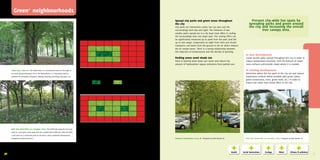 Green ++ neighbourhoods
      Green neighbourhoods
                                                                                                                                                                                                   Spread city parks and green areas throughout                            Prevent city-wide hot spots by
                                                                                                                                                                                                   the city                                                              spreading parks and green around
                                                                                                                                                                                                   City parks are themselves cooler, but can also cool the               the city and increasing the overall
                                                                                                                                                                                                   surroundings both day and night. The influence of two                          tree canopy area.
                                                                                                         Cooling effects of parks                                                                  smaller parks spread out in a city have more effect in cooling
                                                                                                         Source: adapted from Groen voor Klimaat: Barry de Vries, Alterra – Wageningen UR)         the surroundings than one larger park. The cooling effect can
                                                                                                                                                                                                   be significantly measured up to 300m from the park (and felt
                                                                                                                                                                                                   up to 2km away). Evaporation at night from trees and shrubs
                                                                                                                                                                                                   transports cool water from the ground to the air which reduces
                                                                                                                                                                                                   the air tempe-rature. There is a strong relationship between
                                                                                                                                                                                                   the reduction of temperatures and the density of planting.
                                                                                                                                                                                                                                                                      In new development:
                                                                                                                                                                                                   Parking areas need shade too                                       Create pocket parks spread throughout the city in order to
                                                                                                                                                                                                   Trees in parking areas keep cars cooler and reduce the             reduce temperature extremes, limit the amount of imper-
                                                                                                                                                                                                   amount of hydrocarbon vapour emissions from parked cars.           vious surfaces and provide shade where it is needed.

     Leidse Hout, Leiden NL | The Leidse Hout is a recreational forest on the edge of                    1 large park                                                                                                                                                 In existing development:
     the most densly populated city in The Netherlands. It is frequently used by                                                                                                                                                                                      Determine where the hot spots in the city are and replace
     residents for recreation, relaxation, walking, bicycling, picnicking, education, etc.                                                                                                                                                                            impervious surfaces where possible with green (parks,
                                                                                                                                                                                                                                                                      green connections, trees, green roofs, etc.) in order to
                                                                                                                                           park                           affected area                                                                               reduce the urban heat island effect in the city.




                                                                                                         2 small parks
     EXPO Park, World EXPO 2010, Shanghai, China | The EXPO Park along the river was
     used as a cool green oasis away from the crowded warm EXPO site. After the EXPO,
     it will serve as a community park for the future urban residential development |
     Designed by Niek Roozen bv                                                                                                                                                                    Parking lot Kasteeltuinen Arcen, NL | Designed by Niek Roozen bv   EXPO Park, World EXPO 2010 Shanghai, China | Designed by Niek Roozen bv




     Experts: Sanda Lenzholzer (Wageningen University), Vincent Kuypers and Barry de Vries (Alterra – Wageningen UR), Triple E, ES Consulting | Sources: Groen Loont!; Alle extra groen helpt de
30   lucht-kwaliteit verbeteren; Groen voor Klimaat; Bomen: een verademing voor de stad; Leidraad Luchtzuiverend Groen                                                                                                                                                                                                                          31
 
