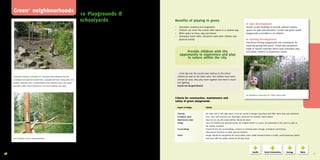 Green+ neighbourhoods                                                                         10 Playgrounds &
                                                                                                      schoolyards                                                     Benefits of playing in green
                                                                                                                                                                                                                                                     In new development:
                                                                                                      Create variations in the landscape                              •    Stimulates creativity and imagination                                     Situate school buildings to provide optimal outdoor
                                                                                                      Differences in high-low, dark-light, open-closed, dry-wet       •    Children can come into contact with nature in a creative way              spaces for play and education. Create new green public
                                                                                                      make a play area more interesting, less predictable and         •    Offers space to move, play and dream                                      playgrounds accessible to all children.
                                                                                                      more natural. Unexpected (natural) differences in the terrain   •    Stimulates motor skills, interaction with other children and
                                                                                                      such as hills, horizontal tree trunks and rocks for climbing,        physical activity                                                         In existing development:
                                                                                                      etc. are encouraged.                                                                                                                           Transform existing playgrounds and schoolyards by
                                                                                                                                                                                                                                                     replacing paving with green. Install play equipment
                                                                                                      Use various natural materials                                                                                                                  made of natural materials which both stimulates play
                                                                                                      Ground: clay, sand, mud                                                   Provide children with the                                            and allows children to experience nature.
                                                                                                      Water: pumps, fountains, streams, wetlands, ponds                     opportunity to experience and play
                                                                                                      Planting: groundcover and flowers, shrubs, trees                          in nature within the city.
                                                                                                      Materials: wood and steel

                                                                                                      Cater to the needs of children
                                                                                                      Encourage active movement such as climbing and running,
                                                                                                      provide peaceful sitting areas while allowing others to play        ...From day one the success was obvious to the school
        Vrijeschool Valentijn, Harderwijk, NL | The pavers were removed from the                      together and make noise. They should feel at home and be            children as well as the other users. The children have more
        schoolyard and replaced by plant beds, a separate ball field, sitting areas, herb             comfortable in the seasons, with the trees and among the            choices for play, they play more together and there is much
        gardens, paintings, hills, an amphitheater, play equipment and a dry stream                   butterflies.                                                        less fighting...
        bed with a water pump connected to the school building’s rain pipes.                                                                                              Hoera! Een Burgerinitiatief
                                                                                                      Allow children to explore the possibilities of nature
                                                                                                      Create opportunities to playfully change the surroundings
                                                                                                      with sand, mud and water, use loose natural elements as                                                                                        The Speeldernis, Rotterdam, NL | Photo: Sigrun Lobst
                                                                                                      play equipment, allow them to exercise their own fantasy        Criteria for construction, maintenance and
                                                                                                      and creativity and make it inviting to explore nature.          safety of green playgrounds
                                                                                                      Encourage children to make something useful and beautiful
                                                                                                      from natural materials. Make it possible for hands-on nature        Aspect of design            Criteria
                                                                                                      and environmental education in the city.
                                                                                                                                                                          Planting                    the right tree in the right place, must be central in design, functional and offer more than just aesthetics
                                                                                                      Involve children in the design process, realisation,                Ecological value            fruit, color and structure are important, attractive for animals, native plants
                                                                                                      maintenance and use                                                 Maintenance plan            must be set up and responsibility should be taken
                                                                                                      Educate and demonstrate how nature can be created in the            Design                      must be flexible and multifunctional, be realized within 3-5 years, be presented to the users as well as
                                                                                                      city and encourage continuing interaction with the seasonal                                     the nearby residents
                                                                                                      changes of nature.                                                  Surroundings                should fit into the surroundings, connect to existing water storage, ecological connections,
                                                                                                                                                                                                      educational functions or other special interests
                                                                                                                                                                          Safety                      design should be transparent for social safety, have visible entrances/exits to traffic, avoid poisonous plants
        Ieper, Belgium | Use of natural materials.                                                                                                                                                    and must fulfil the safety criteria for all play areas




36   Sources: Prijsvraag Groene Speelplekken 2011; Een Groene Gezonde Wijk; Hoera! Een Burgerinitiatief; Kom je buiten spelen?; www.groeneschoolpleinen.nl                                                                                                                                                              37
 