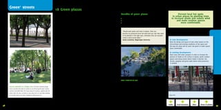 Green ++ neighbourhoods 18 Green plazas
      Green streets
                                                                                                       Use trees and green as an urban shelterbelt                                     Benefits of green plazas                                                   Prevent local hot spots
                                                                                                       Wind	across	an	open	urban	plaza	makes	the	space	unattractive	                                                                                        in urban plazas by planting trees
                                                                                                       for	people.	Place	planting	and	trees	strategically	to	create	                   •	 Shade	under	trees	makes	outdoor	areas	usable	on	hot	days         to increase shade and reduce wind
                                                                                                       comfortable	spots	for	people	to	sit,	walk	and	play.	                            •	 Sunny	areas	with	no	wind	are	usable	on	cold		winter	days              and make outdoor spaces
                                                                                                                                                                                       •	 Green	plazas	are	oases	in	the	hard	urban	environment                      more comfortable.
                                                                                                       Trees create comfortable outdoor spaces
                                                                                                       Shade	under	a	tree	can	make	the	apparent	temperature	at	
                                                                                                       ground	level	5-20˚C	cooler.	The	perceived	temperature	under	a	
                                                                                                       tree	is	lower	due	to	the	reduction	of	direct	sunlight	that	reaches	               “People want green and trees in plazas. Trees can
                                                                                                       the	ground	and	evapotranspiration	of	water	via	the	leaves.		                      function as protection from the wind and sun. But they need
                                                                                                       Deciduous	trees	allow	sun	to	reach	the	ground	and	heat	the	                       to be planted in the right spot, otherwise they can actually
                                                                                                       surface	in	winter	and	prevent	the	sun	from	reaching	the	ground	                   create a wind tunnel effect.”
                                                                                                       and	heating	the	surface	in	summer.	Not	only	trees	but	also	                       Sanda Lenzholzer, Wageningen University                        In new development:
                                                                                                       vine-covered	pergolas	and	other	planting	can	add	to	the	shade	                                                                                   Base	the	design	and	layout	of	new	urban	spaces	on	the	
                                                                                                       solutions.	Lower	plants	also	help	reduce	surface	heat.                                                                                           microclimate	and	existing	conditions	of	the	space	and		
                                                                                                                                                                                                                                                        the	way	the	plaza	will	be	used.	Use	green	to	make	spaces	
                                                                                                       Create a comfortable oasis of clean air                                                                                                          more	comfortable.
                                                                                                       in the city
                                                                                                       Protect	outdoor	spaces	from	air	pollution	through	the	use	of	                                                                                    In existing development:
                                                                                                       green	elements	and	trees.	Green	can	act	as	a	buffer	to	prevent	                                                                                  Plant	trees	with	wide	canopies	in	order	to	increase	the	
                                                                                                       local	sources	of	pollution	such	as	from	traffic	from	entering	the	                                                                               amount	of	shade	on	the	surface	in	plazas,	public	outdoor	
                                                                                                       plaza.	Trees	and	shrubs	can	force	the	polluted	air	upwards	so	it	                                                                                spaces	and	along	streets	where	shade	is	desired.	Use	
                                                                                                       blows	over	the	plaza	and	not	through	it.	A	continuous	canopy	                                                                                    shrubs,	pergolas	and	green	walls	where	wind	protection		
                                                                                                       of	trees	over	a	plaza	can	prevent	background	air	pollution	from	                                                                                 is	needed.
                                                                                                       settling	in	the	plaza.

                                                                                                       Vary the microclimate within the park
                                                                                                       The	temperature,	season	and	time	of	day	determine	where	
                                                                                                       people	prefer	to	sit	in	a	plaza.	Personal	preferences	also	vary:	
                                                                                                       some	people	enjoy	sitting	in	the	full	sun,	others	prefer	to	sit	
                                                                                                       in	the	shade.	Provide	a	variety	of	places	to	sit,	walk	or	play	so	
                                                                                                       everyone	has	a	choice.                                                          Shade in Madrid RIO Park, Spain
                                                                                                                                                                                       Photographer:	Jeroen	Musch	(copyright	city	of	Madrid)


        Expo Park, World EXPO 2010, Shanghai, China	|	The	park	contained	enough	
        trees	to	provide	60%	shade	for	visitors	to	cool	off	during	the	warm	summer	
        months	of	the	World	EXPO.	The	breeze	along	the	riverfront,	together	with	the	
        shade	under	the	trees,	provided	an	oasis	away	from	the	busy	EXPO	buildings	
        on	the	other	side	of	the	street	|	Designed	by	Niek	Roozen	bv                                                                                                                                                                                    Photo:	PPH




     Experts:	Sanda	Lenzholzer	(Wageningen	University),	Pauline	de	Koning	and	Peter	Schildwacht	(BELW	Advies	bv),	Triple	E,	ES	Consulting	continuous	line	
58   Sources:	Groen	Loont!;	Alle	extra	groen	helpt	de	luchtkwaliteit	verbeteren;	Groen	voor	Klimaat;	Bomen:	een	verademing	voor	de	stad;	Leidraad	Luchtzuiverend	Groen;	www.west8.nl                                                                                                                                59
 