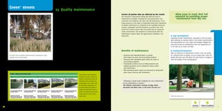 Green+ streets                                                                                 25 Quality maintenance
                                                                                                       Maintenance is a long term commitment                                                  Involve all parties who are affected by the results                           Allow trees to reach their full
                                                                                                       A	plan	should	be	set	up	for	all	green	projects	in	order	to		                           Are	everyone’s	expectations	being	met	with	the	level	of		                     potential by providing proper
                                                                                                       guarantee	the	quality	and	functionality	of	the	trees	and	                              maintenance	provided,	including	the	local	government,	the	                     maintenance from day one.
                                                                                                       other	plants.	A	systematic	multi-year	maintenance	plan	                                contractor,	the	residents,	the	users	and	the	businesses.	If	not,	
                                                                                                       includes	water	schedules	and	amounts,	pruning	schedules,	                              bring	everyone	to	the	table	to	understand	what	their	impression	
                                                                                                       fertilizing	and	control	of	soil.                                                       of	quality	maintenance	is	compared	to	the	available	resources	
                                                                                                                                                                                              (money,	manpower)	and	find	solutions	to	achieve	this.	Find	
                                                                                                       Maintenance is an investment                                                           funds	from	various	sectors	who	also	profit	from	an	attractive	
                                                                                                       Well	maintained	quality	green	is	more	attractive,	thereby	raising	                     urban	environment.	Ask	residents	to	communicate	with	the	
                                                                                                       the	value	and	usage	of	green	spaces	as	well	as	the	value	of	the	                       maintenance	experts	when	the	agreed-upon	standard	is	not	
                                                                                                       surroundings.	Unmaintained	and	overgrown	green	creates	negative	                       being	met.                                                           In new development:
                                                                                                       attitudes	toward	green	in	urban	areas.	Falling	branches	are	                                                                                                Guarantee	proper	maintenance,	especially	in	the	first	years	
                                                                                                       dangerous	to	people	and	property	and	are	more	costly	to	repair	                                                                                             after	planting,	by	stating	clearly	in	the	project	specifications	
                                                                                                       than	routine	pruning.	Funds	should	be	reserved	for	maintenance	                                                                                             the	requirements	for	care,	water	and	fertilizer.	Budget	the	
                                                                                                       based	on	a	cost-benefit-analysis.	                                                                                                                          time	and	money	for	maintenance	from	the	beginning	so	it	
                                                                                                                                                                                                                                                                   is	not	seen	as	an	extra	cost	later.
                                                                                                       Design and maintenance go hand in hand
                                                                                                       From	the	beginning	of	the	planning	process	through	the	choice	                         Benefits of maintenance                                              In existing development:
                                                                                                       of	landscape	and	plant	materials,	designers	should	take	into	                                                                                               Take	an	inventory	of	maintenance	needs	in	the	city	based	
        Abu Dhabi, UAE	|	An	attractive	streetscape	that	is	maintained	to	a	high	                       account	the	effects	these	have	on	maintenance	after	it	is	built.	                      •	   Attractive	well	maintained	green	is	treated	                    on	a	desired	level	of	quality,	set	up	a	yearly	plan,	train	the	
        standard	in	the	city	of	Abu	Dhabi.                                                             There	should	be	a	balance	between	design	and	maintenance	                              	    with	respect	by	users	and	surrounding	residents                 people	who	will	carry	the	plans	out	and	reserve	a	budget	to	
                                                                                                       capabilities,	including	budget,	initiative	and	ability.                                •	   Attractive	well	maintained	green	raises	the	value	of		 	        raise	the	quality	of	the	existing	green.
                                                                                                                                                                                              	    surrounding	properties
                                                                                                                                                                                              •	   Preventable	accidents	such	as	falling	branches	and	
                                                                                                                                                                                              	    uplifted	pavement	can	be	avoided	by	timely	control
     Maintenance technique used to assure quality:                                                                                                                                            	    and	maintenance
                                                                                                                                                                                              •	   Well	maintained	green	spaces	are	perceived	as	being	safer	
                                                                                                                                                                                              	    green	spaces	that	are	well	maintained
                                                                                                                                                        Cyber	Adviseurs	has	developed	a	
                                                                                                                                                        technique	for	cities	to	assure	the	
                                                                                                                                                        quality	of	maintenance	meets	the	
                                                                                                                                                        standards	of	the	user	groups.	By	          “Ultimately, a green area’s suitability for use is determined
                                                                                                                                                        using	images	of	the	various	levels	        by the maintenance it receives.”
                                                                                                                                                        of	maintenance,	agreements	can	            Piet Eilander, Amsterdam’s Greenery, Ecology, Urban
                                                                                                                                                        be	made	between	the	balance	of	            Recreation and Water team, in The Green City Post 2011
                                                                                                                                                        budget	and	expectations	and	the	
                                                                                                                                                        workers	can	clearly	see	when	they	
                                                                                                                                                        need	to	perform	certain	mainte-
                                                                                                                                                        nance	tasks.                                                                                               Street	trees	require	care.




     Experts:	Frans	Bouwman	(Cyber	Adviseurs),	Fred	Tonneijck	(Triple	E	&	Knooppunt	Innovatief	Groen)	
72   Sources:	Groen	Loont!;	Community	Green:	using	local	spaces	to	tackle	inequality	and	improve	health;	Leidraad	Luchtzuiverend	Groen;	The	Green	City	Post	2011                                                                                                                                                                       73
 