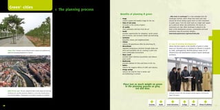 Green + cities                                                                                    1 The planning process
                                                                                                          “Grey” plans based on green                                                                     Benefits of planning & green
                                                                                                          Infrastructure projects should incorporate green early on in the                                                                                          ...Why Invest in Landscape? is a new campaign from the
                                                                                                          design of new roads, transit facilities and other projects by                                   • Image                                                   Landscape Institute, which shows how towns and cities
                                                                                                          assuring ample space (both above ground and underground)                                          creates a green and healthy image for the city          around the UK are seeing a good return on their investment
                                                                                                          and budget for trees and other green. Higher density develop-                                   • Value of real estate                                    in public space. From the small scale of a single town square
                                                                                                          ment which brings people closer to mass transit and takes                                         increases in the vicinity of green                      up to plans for whole new settlements, the returns on
                                                                                                          people out of their cars also increases the “greenness” of an                                   • Air quality                                             investment are clear. When landscape is placed at the
                                                                                                          area. The pedestrian experience is therefore very important                                       filters pollutants and dust from the air                heart of the development process, communities and local
                                                                                                          and can be improved by aesthetic and functional green.                                          • Health                                                  businesses reap the economic benefits...
                                                                                                                                                                                                            provides opportunities for relaxation, social contact   www.landscapeinstitute.org/invest/index.php
                                                                                                          “Red” plans based on green                                                                        and recreation, and increases health and well-being
                                                                                                          New development of residential and business areas should                                        • Aesthetics
                                                                                                          incorporate urban forests into the design and use green as                                        beautifies streets and neighbourhoods
                                                                                                          a building block. An urban forest is a collection of trees in                                   • Climate
                                                                                                          the urban environment and can vary anywhere from a forest,                                        reduces the greenhouse effect by absorbing CO2          In new & existing development:
                                                                                                          ecological corridor, park or recreational green space to a green                                • Microclimate                                            Inform decision makers of the benefits of green in urban
                                                                                                          roof garden, street, plaza or front garden. A liveable neighbour-                                 regulates temperature extremes through shade and        areas so it becomes just as standard an element in projects
     Suzhou, China | The green structure along the street is planted and established long                 hood in a compact city contains 15-20% green in the direct                                        wind and humidifies the air, creating a cooler and      as roads, parkingdensity. Multidisciplinary teams for all
     before the surrounding development it is built for.                                                  living environment.                                                                               more comfortable environment                            infrastructure and development projects require landscape
                                                                                                                                                                                                          • Water runoff                                            architects.
                                                                                                          “Blue” plans based on green                                                                       provides water retention possibilities and reduces
                                                                                                          The water structure should be designed within a team of engineers                                 peak runoff
                                                                                                          plus urban designers, landscape architects and ecologists so                                    • Biodiversity
                                                                                                          green is incorporated into the design.                                                            provides habitats for flora and fauna in the city
                                                                                                                                                                                                          • Buffers
                                                                                                          Consider the multifunctionality of green                                                          reduces the negative effects of traffic and industry
                                                                                                          Use green not only for aesthetics but also for its ability to raise                             • Energy savings
                                                                                                          the value of houses, improve the health of residents and workers,                                 reduces the need for heat in winter and
                                                                                                          encourage social interactions, regulate temperatures, retain                                      airconditioning in summer
                                                                                                          water, increase biodiversity, reduce energy needs in buildings
                                                                                                          and remove air pollutants.

                                                                                                          Convince decision makers to demand green
                                                                                                          A long term cost-benefit analysis should be undertaken to help                                      Place just as much weight on green
                                                                                                          convince decision-makers that green elements are essential in                                         in the planning process as grey,
                                                                                                          all urban projects. The development of green spaces should                                                      red and blue.
     Madrid RIO Park, Spain | The park, designed by West 8 urban design and landscape                     also play a central role in policies related to health, nature
     architecture B.V. and Mrio arquitectos, Madrid is a 150 ha inner city park built on                  conservation and spatial planning.                                                                                                                        Landscape architects and urban designers working together at the planning
     top of the M30 highway. | Photographer: Jeroen Musch (copyright city of Madrid)                                                                                                                                                                                stage of the project.




     Experts: Eva Stache (Stache architects), Fred Tonneijck (Triple E & Knooppunt Innovatief Groen), Mark Hinshaw (LMN Architects), Vincent Kuypers and Barry de Vries (Alterra – Wageningen UR);
     Arda van Helsdingen (Copijn Tuin- en Landschapsarchitecten) | Sources: Groen Loont!; Alle extra groen helpt de luchtkwaliteit verbeteren; Recht op Groen; Vegetation in relation to air quality in
10   Shanghai; Leidraad Luchtzuiverend Groen; Vitamine G; www.landscapeinstitute.org; www.west8.nl                                                                                                                                                                                                                                              11
 