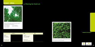 Green + cities                                                                                   3 Filtering for fresh air
                                                                                                         Improve regional air quality with large scale green                                              Some trees are better at cleaning the air                                       the large surface area of needles and the fact that the trees
                                                                                                         spaces                                                                                           Gaseous air pollution such as nitrous oxide (NOX) and particulate               keep their needles all year round.
                                                                                                         The filtering effect of large scale green is the best way to improve                             matter (PM10) can be removed from the air by leaves.
                                                                                                         air quality at the regional level. Forests are especially suitable                                                                                                               Ozone (O3) concentrations are reduced in the presence of trees
                                                                                                         for reducing background concentrations before the pollution even                                 Nitrous oxides (NOX), sulfur dioxide (SO2) and ozone (O3) are                   because they not only absorb ozone themselves to varying
                                                                                                         reaches the city. By providing as much leaf volume as possible in                                absorbed by the stomata of leaves. Deciduous trees with a large                 degrees, but they also absorb NO2 , keeping humidity higher and
                                                                                                         an area as big as possible, the general air quality can increase.                                leaf volume are most effective. Organic compounds such as                       temperatures lower so ozone does not have a chance to form.
                                                                                                         This way the air that reaches the urban area has more capacity                                   polychlorinated biphenyl (PCB’s), dioxins and furans are taken
                                                                                                         to filter pollution from traffic and other local sources at neigh-                               up by the cuticles of leaves (even at night).                                   Do not use any tree species that are sensitive to air
                                                                                                         bourhood and street level. The capturing of particulate matter                                                                                                                   pollution (NOX) and limit the use of trees which emit
                                                                                                         only actually occurs at the edges and tops of a forest, but because                              Particulate matter (PM10) is captured on the surface of leaves,                 biogenic volatile organic compounds (VOC).
                                                                                                         they usually cover a large surface area, they are very effective.                                called impaction, and travels to the ground through wind,
                                                                                                                                                                                                          rainwater or fallen leaves. After the particulates hit the ground,              Plant a variety of trees and plants
                                                                                                         Plant big trees with more leaf area                                                              they are either washed away with runoff or fixed in the soil by                 Include a mix of evergreen and deciduous tree species
                                                                                                         Bigger trees and more leaf area are more effective at cleaning                                   organic decomposition. Conifers are most effective because of                   in the design with different characteristics so the air is
                                                                                                         the air. An average tree in the city (with a trunk diameter of                                                                                                                   filtered of more than one type of air pollution. Include
                                                                                                         +/- 30 cm) is able to capture about 100g particulate matter                                                                                                                      green at different heights / levels to catch more pollutants
                                                                                                         (PM10) while a mature tree captures as much as 1.4kg in The                                                                                                                      that would otherwise blow under the canopy of the trees.
                                                                                                         Netherlands [Tonneijck, 2008]. 100g PM10 equals the particulate
        Chicago, USA | Study by DJ Nowak (1994): Trees were able to remove 1%                            matter emission from a private car that travels 1,500 km. 1.4kg                                                                                                                  Green roofs and green walls also filter the air
        of the pollutants from the air within the city:                                                  PM10 equals 20,000 km. The porosity of the canopy should be                                                                                                                      Green on roof gardens and green walls are also very
        0.3 kg / ha / year of CO2              1.4 kg / ha / year of SO2                                 above 50% so the leaves inside the canopy can also help.                                                                                                                         effective at removing pollutants from the air. Green walls
        1.5 kg / ha / year of NOX              3.5 kg / ha / year of PM10                                Combine trees with broad canopies and undergrowth of                                                                                                                             planted with vines have a very dense leaf area per square
        3.1 kg / ha / year of O3                                                                         herbaceous plants and shrubs to have effective leaves at                                                                                                                         metre and thus are good in removing PM10. A wall with
                                                                                                         all levels. Green roofs and green walls also contribute to                                                                                                                       Parthenocissus tricuspidata can catch 4g of PM10 per m2
                                                                                                         air filtering.                                                                                                                                                                   of wall and Hedera helix can catch 6g.


     Table of air pollution types and leaf effectiveness:
                                                                                                                                                                                                                                                                                                                             Continued on the next page -->
                                               SO2 NOX O3                                                PM10                                                 VOC

        Method                                 absorption                                                impaction                                            adsorption
        Best tree type                         broad leafed evergreen trees                              conifer trees (evergreen)                            conifer trees
        Leaf characteristics                   flat, wide, glossy leaves                                 cone-shaped needles                                  needles with a fatty toplayer
                                                                                                                                                              (cuticle)

        Other good tree type                   deciduous trees                                           deciduous trees                                                                                    Hedera helix vines can catch 6g of PM10 per square meter wall area. Because
        Leaf characteristics                   flat, wide, glossy leaves                                 course, hairy, sticky leaves                                                                       they are evergreen, they are effective all year long.




     Experts: Ceciel van Iperen (CROW), Fred Tonneijck (Triple E & Knooppunt Innovatief Groen), Pauline de Koning and Peter Schildwacht (BELW Advies bv), Arda van Helsdingen (Copijn Tuin-
     en Landschapsarchitecten), Jelle Hiemstra (Applied Plant Research WUR); ES Consulting | Sources: Groen Loont!; Alle extra groen helpt de luchtkwaliteit verbeteren; Meetproef Groen; Vegetation in
14   relation to air quality in Shanghai; Stadsbomen voor een goede luchtkwaliteit; Bomen, een verademing voor de stad; Leidraad Luchtzuiverend Groen                                                                                                                                                                                                         15
 
