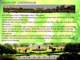 GREEN CITY- GANDHINAGAR
With 54% green cover, Gandhinagar India's tree capital.
The latest figures of a census conducted by the state government show that 53.9% of its 5,700-
hectare area is covered with trees.
Effectively, there are 416 trees for every 100 people in the city. This is more than any other city in
the country.
Drive 35 km out of Gandhinagar and the scenario changes drastically in Ahmedabad where there
are just 11 trees for every 100 people. While there are as many as 8.66 lakh trees in the state
capital, the population is just 2.08 lakh people. At this rate, there is 15 sq m land of trees for
every person.
The eight municipal corporations in Gujarat have 33.01 lakh trees over an area of 1.33 lakh
hectares. The overall tree density in the municipal corporations was just 22 trees for every 100
persons on an average.
 