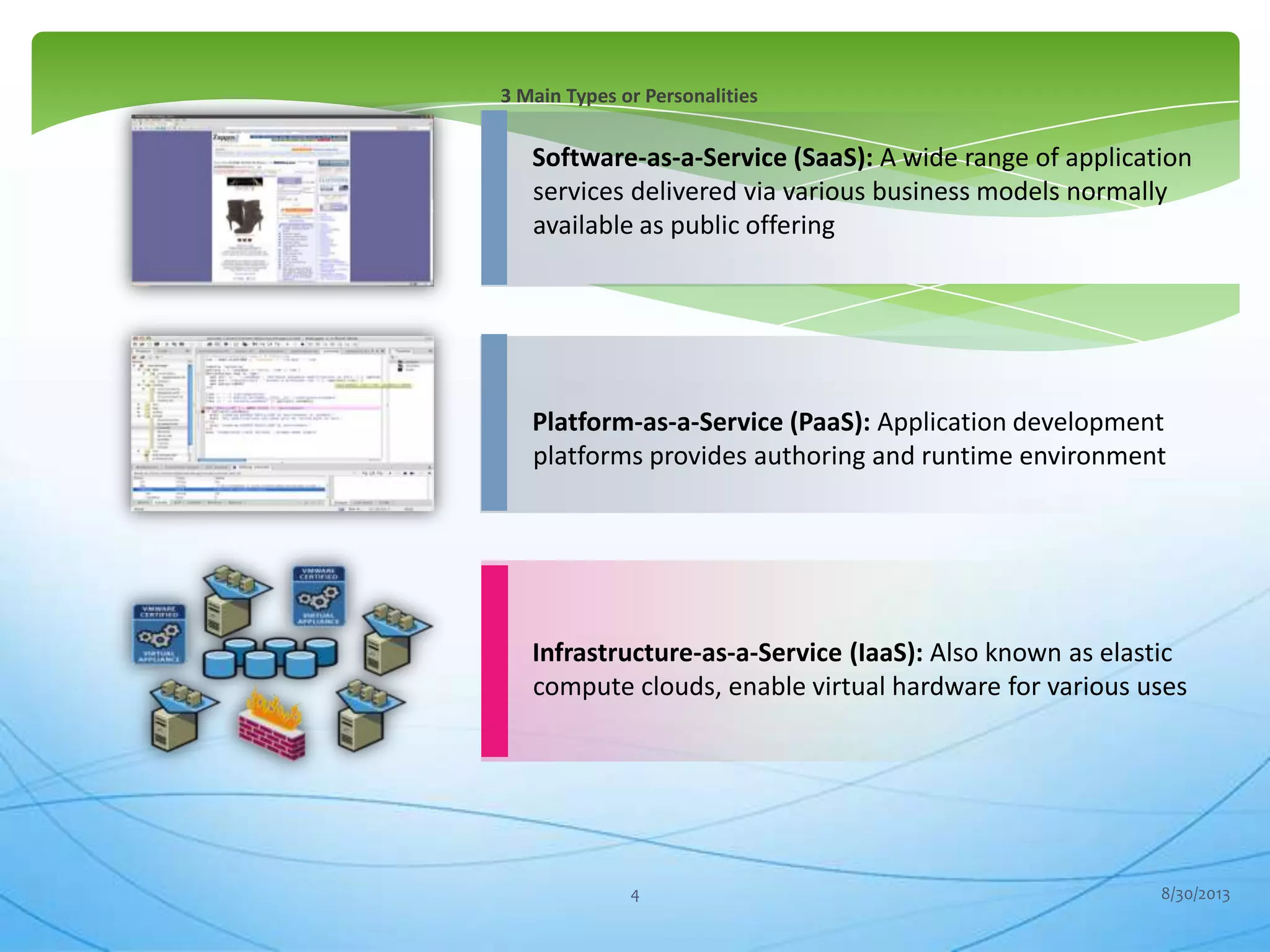 3 Main Types or Personalities
Software-as-a-Service (SaaS): A wide range of application
services delivered via various business models normally
available as public offering
Platform-as-a-Service (PaaS): Application development
platforms provides authoring and runtime environment
Infrastructure-as-a-Service (IaaS): Also known as elastic
compute clouds, enable virtual hardware for various uses
8/30/20134
 