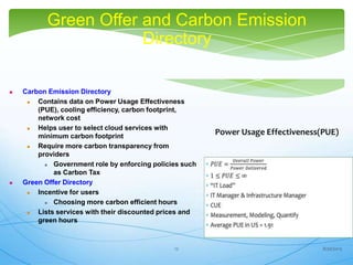 Green Offer and Carbon Emission
Directory
 Carbon Emission Directory
 Contains data on Power Usage Effectiveness
(PUE), cooling efficiency, carbon footprint,
network cost
 Helps user to select cloud services with
minimum carbon footprint
 Require more carbon transparency from
providers
 Government role by enforcing policies such
as Carbon Tax
 Green Offer Directory
 Incentive for users
 Choosing more carbon efficient hours
 Lists services with their discounted prices and
green hours
Power Usage Effectiveness(PUE)
8/30/201312
 