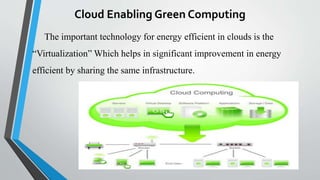 Cloud Enabling Green Computing
The important technology for energy efficient in clouds is the
“Virtualization” Which helps in significant improvement in energy
efficient by sharing the same infrastructure.
 