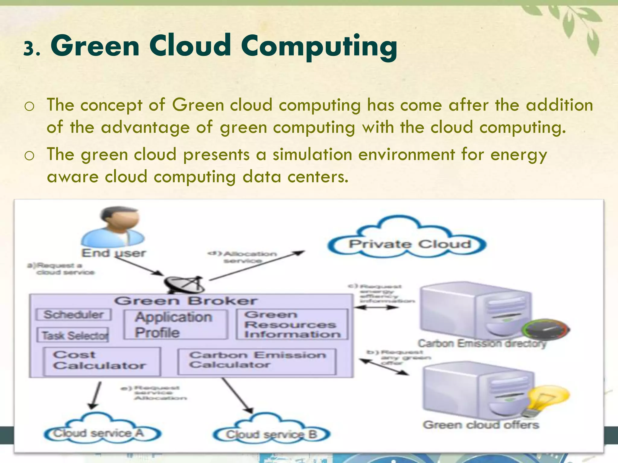 3. Green Cloud Computing 
o The concept of Green cloud computing has come after the addition 
of the advantage of green computing with the cloud computing. 
o The green cloud presents a simulation environment for energy 
aware cloud computing data centers. 
 