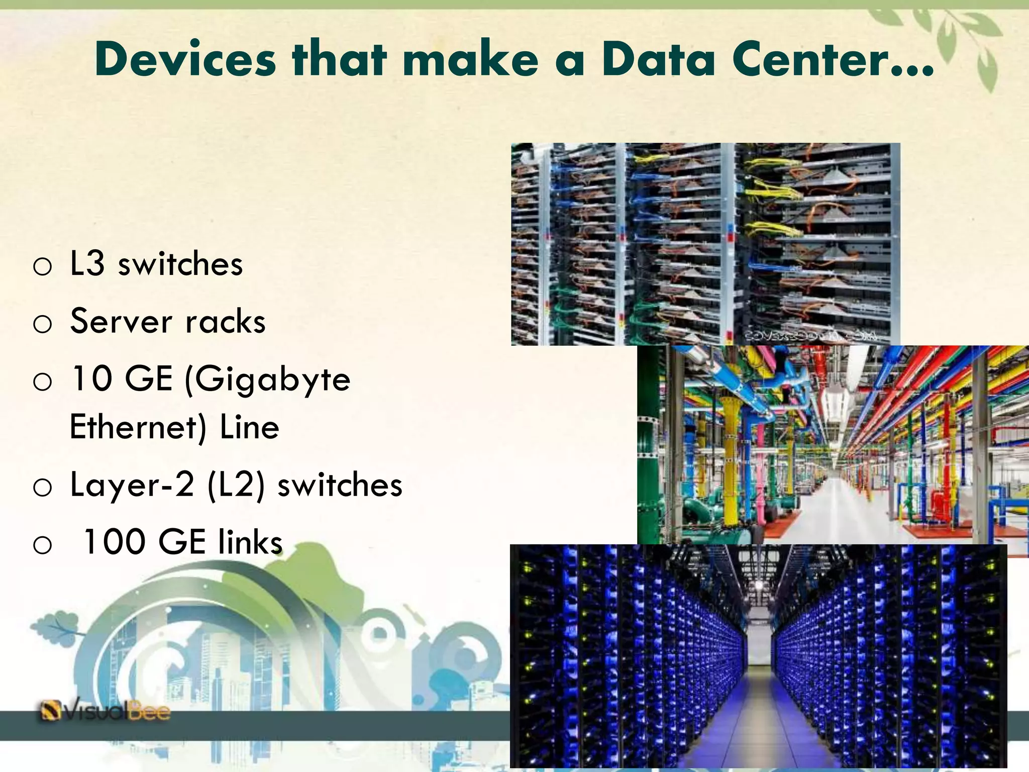 Devices that make a Data Center… 
o L3 switches 
o Server racks 
o 10 GE (Gigabyte 
Ethernet) Line 
o Layer-2 (L2) switches 
o 100 GE links 
 