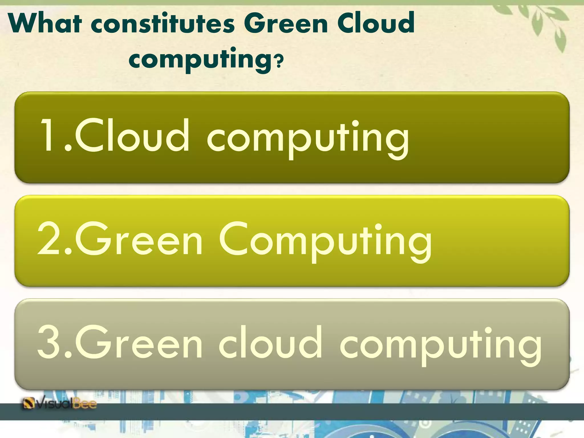 What constitutes Green Cloud 
computing? 
1.Cloud computing 
2.Green Computing 
3.Green cloud computing 
 