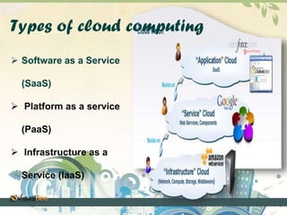 Types of cloud computing 
 Software as a Service 
(SaaS) 
 Platform as a service 
(PaaS) 
 Infrastructure as a 
Service (IaaS) 
 