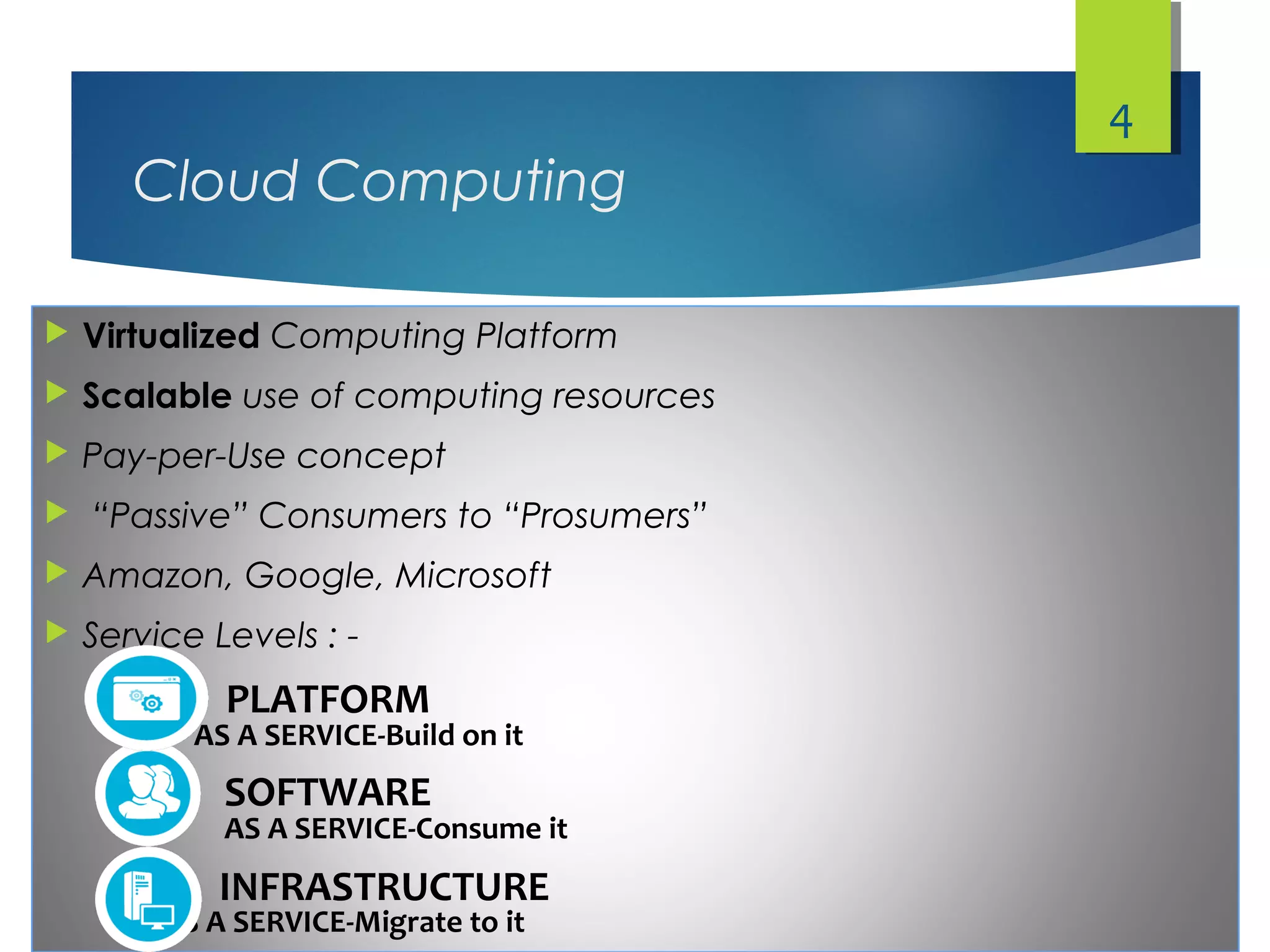 Cloud Computing
 Virtualized Computing Platform
 Scalable use of computing resources
 Pay-per-Use concept
 “Passive” Consumers to “Prosumers”
 Amazon, Google, Microsoft
 Service Levels : -
4
SOFTWARE
AS A SERVICE-Consume it
PLATFORM
AS A SERVICE-Build on it
INFRASTRUCTURE
AS A SERVICE-Migrate to it
 
