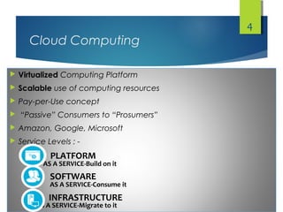 Cloud Computing
 Virtualized Computing Platform
 Scalable use of computing resources
 Pay-per-Use concept
 “Passive” Consumers to “Prosumers”
 Amazon, Google, Microsoft
 Service Levels : -
4
SOFTWARE
AS A SERVICE-Consume it
PLATFORM
AS A SERVICE-Build on it
INFRASTRUCTURE
AS A SERVICE-Migrate to it
 