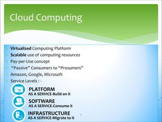  Virtualized Computing Platform
 Scalable use of computing resources
 Pay-per-Use concept
 “Passive” Consumers to “Prosumers”
 Amazon, Google, Microsoft
 Service Levels : -
Cloud Computing
SOFTWARE
AS A SERVICE-Consume it
PLATFORM
AS A SERVICE-Build on it
INFRASTRUCTURE
AS A SERVICE-Migrate to it
4
 