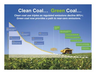 Clean Coal… Green Coal…
Clean coal use triples as regulated emissions decline 80%+;
  Green coal now provides a path to near-zero emissions.
                                     near-




                                                              1
 