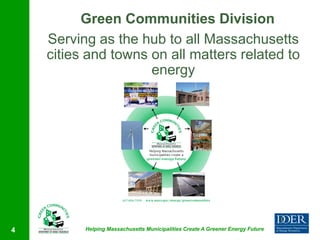 Green Communities Division
    Serving as the hub to all Massachusetts
    cities and towns on all matters related to
                     energy




4         Helping Massachusetts Municipalities Create A Greener Energy Future
 
