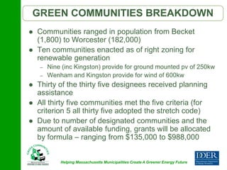 GREEN COMMUNITIES BREAKDOWN
   Communities ranged in population from Becket
    (1,800) to Worcester (182,000)
   Ten communities enacted as of right zoning for
    renewable generation
    –   Nine (inc Kingston) provide for ground mounted pv of 250kw
    –   Wenham and Kingston provide for wind of 600kw
   Thirty of the thirty five designees received planning
    assistance
   All thirty five communities met the five criteria (for
    criterion 5 all thirty five adopted the stretch code)
   Due to number of designated communities and the
    amount of available funding, grants will be allocated
    by formula – ranging from $135,000 to $988,000


            Helping Massachusetts Municipalities Create A Greener Energy Future
 