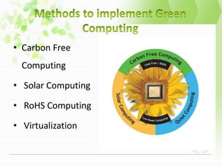 • Carbon Free
  Computing

• Solar Computing

• RoHS Computing

• Virtualization
 