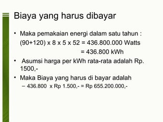 Biaya yang harus dibayar
• Maka pemakaian energi dalam satu tahun :
  (90+120) x 8 x 5 x 52 = 436.800.000 Watts
                        = 436.800 kWh
• Asumsi harga per kWh rata-rata adalah Rp.
  1500,-
• Maka Biaya yang harus di bayar adalah
  – 436.800 x Rp 1.500,- = Rp 655.200.000,-
 