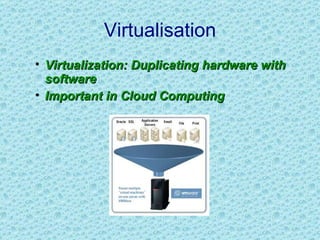 Virtualisation Virtualization: Duplicating hardware with software Important in Cloud Computing 