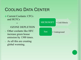COOLING DATA CENTER


o

o

Current Coolants: CFCs
and HCFCs
=
OZONE DEPLETION
Other coolants like HFC
increase green house
emission by 1300 times.
As all this are creating
global worming.

MICROSOFT • Cold Siberia

Sun

• Underground

 