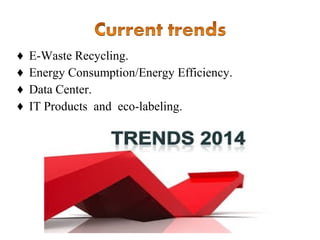 ♦
♦
♦
♦

E-Waste Recycling.
Energy Consumption/Energy Efficiency.
Data Center.
IT Products and eco-labeling.

 