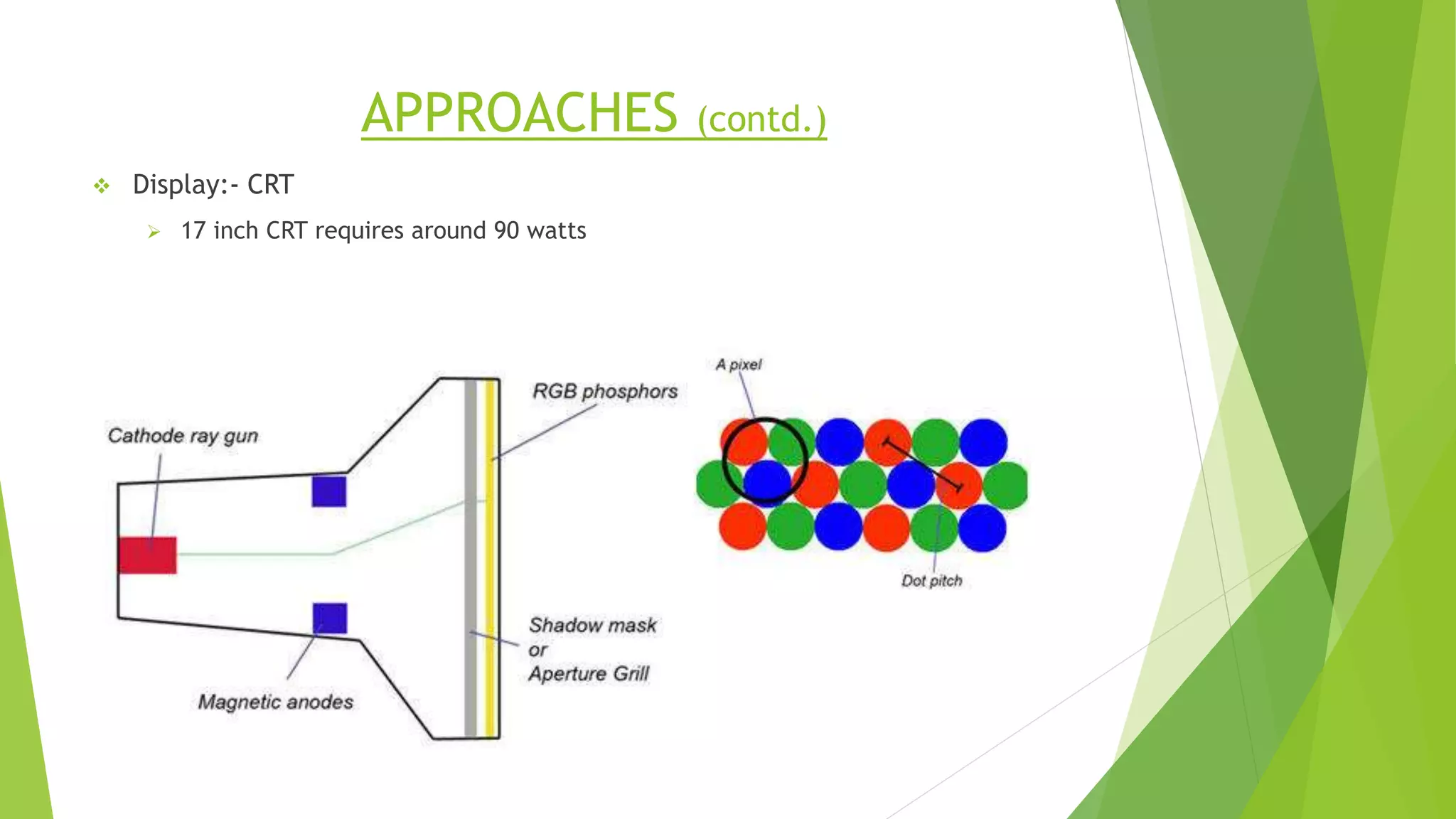 APPROACHES (contd.)
 Display:- CRT
 17 inch CRT requires around 90 watts
 