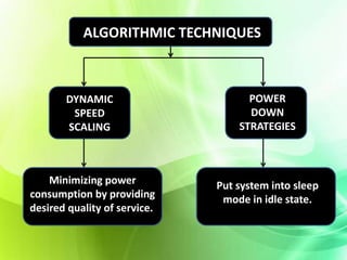 ALGORITHMIC TECHNIQUES 
DYNAMIC 
SPEED 
SCALING 
POWER 
DOWN 
STRATEGIES 
Minimizing power 
consumption by providing 
desired quality of service.. 
Put system into sleep 
mode in idle state. 
 