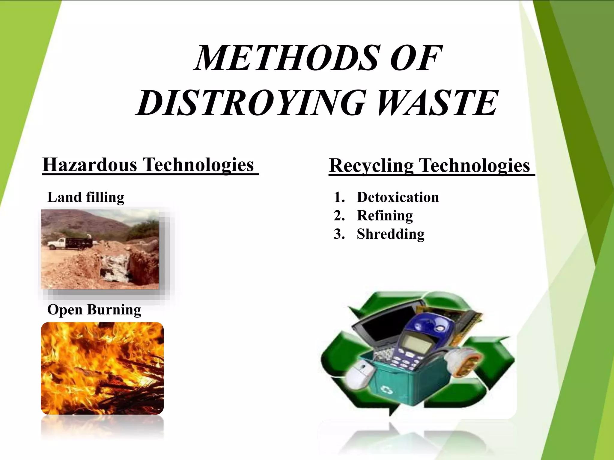 METHODS OF
DISTROYING WASTE
Hazardous Technologies Recycling Technologies
Open Burning
Land filling 1. Detoxication
2. Refining
3. Shredding
 