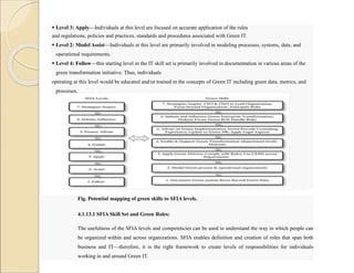  Level 3: Apply—Individuals at this level are focused on accurate application of the rules
and regulations, policies and practices, standards and procedures associated with Green IT.
 Level 2: Model Assist—Individuals at this level are primarily involved in modeling processes, systems, data, and
operational requirements.
 Level 4: Follow—this starting level in the IT skill set is primarily involved in documentation in various areas of the
green transformation initiative. Thus, individuals
operating at this level would be educated and/or trained in the concepts of Green IT including green data, metrics, and
processes.
Fig. Potential mapping of green skills to SFIA levels.
4.1.13.1 SFIA Skill Set and Green Roles:
The usefulness of the SFIA levels and competencies can be used to understand the way in which people can
be organized within and across organizations. SFIA enables definition and creation of roles that span both
business and IT—therefore, it is the right framework to create levels of responsibilities for individuals
working in and around Green IT.
 