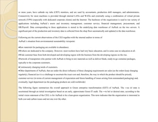 or more years, have cathode ray tube (CRT) monitors, and are used by accountants, production shift managers, and administrators.
Connectivity for most machines is provided through internal LANs and WANs and externally using a combination of virtual private
network (VPN) (especially with dedicated corporate clients) and the Internet. The hardware of the organization is used to run variety of
applications including AuPack’s assets and inventory management, customer service, financial management, procurement, and
HR/Payroll. Data corresponding to these applications is stored in the underlying data warehouse of AuPack on the two servers. A
significant part of the production and inventory data is collected from the shop floor automatically and updated in the data warehouse.
Following are the current observations of the CEO together with the internal auditor in terms of
AuPack’s situation from environmental sustainability viewpoint:
Raw materials for packaging are available in abundance.
Workers are dedicated to the company. However, most workers have had very basic education, and in some case no education at all.
Wide customer base from both developed and developing region with the business from the developing regions on the rise.
Network of transporters who partner with AuPack to bring in raw materials as well as deliver blank, ready-to-go container packages,
typically to the corporate customers.
Continuously changing needs of customers.
Other departments of AuPack, that are under the direct influence of these changing requirements are sales (as the orders keep changing
regularly), financial (as it is a challenge to ascertain the exact cost and, therefore, the way in which the product should be priced),
customer service (in terms of current management of expectation and future handling of issues arising from nonstandard packaging) and,
eventually, legal department (as the packaging products are sold worldwide)
The following figure summarizes the overall approach to Green enterprise transformation (GET) of AuPack. The ―as is‖ state is
ascertained through an initial investigation based on an early, approximate Green IT audit. The ―to be‖ or desired state, according to the
initial vision statement of the CEO, is for AuPack to be a lean-green organization. This term indicates that the organization is interested in
both cost and carbon issues and not one over the other.
 