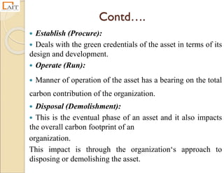 Contd….
 Establish (Procure):
 Deals with the green credentials of the asset in terms of its
design and development.
 Operate (Run):
 Manner of operation of the asset has a bearing on the total
carbon contribution of the organization.
 Disposal (Demolishment):
 This is the eventual phase of an asset and it also impacts
the overall carbon footprint of an
organization.
This impact is through the organization‘s approach to
disposing or demolishing the asset.
 