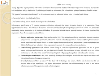 CS8078 – Green Computing
5
The fig. depict this ongoing interplay between the business and the environment. The IT sheath that encompasses the business is shown on the
left. Any business activity that involves IT and most does impacts the environment. The carbon impact is shown by an arrow from left to right.
This impact of business activities through IT on the environment has to be understood in three ways: 1.From the length of time
2.The depth of activity from the length of time,
3.The depth of activity, and the breadth of coverage of the carbon effect.
Following are specific areas of IT systems, processes, architecture, and people that impact the carbon footprint of an organization. These
respective IT areas have a dual influence: the increase in business activities through these packages increases the carbon foot print of the
organization, but the optimization of the business and backend IT servers and networks has the potential to reduce the carbon footprint of the
organization. These IT areas are discussed as follows:
 Software applications and packages: These are the existing ERP/CRM applications within the organization that need to undergo
a major revamp to incorporate green factors. The carbon data form within the organizations are measured through various means
such as smart meters, are inputted directly by users or updated through interfaces from other systems. Carbon usage data are then
fed into the financial type calculators of the organization to ascertain the corresponding carbon calculations.
 Carbon trading applications: with potential carbon trading on cards,these organizational applications will also be geared
toward performing analytics on the real time data that will enable the organization to figure out trends in its own carbon
performance as well as that of the market. Carbon reporting tools will play equally significant role in the carbon economy.
 Green enterprise architectures: This is the ground-up building of new enterprise architectures that take a fresh look at the
enterprise applications from a green perspective.
 Green Infrastructure: This is an area of IT that deals with the buildings, data centers, vehicles, and other non-movable and
movable assets of the organization. The design, development, operations, and decommissioning of these IT and non-IT
infrastructure assets of the organization needs to be investigated.
 