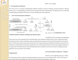 CS8078 – Green Computing
45
3. Green Enterprise Architecture:
The aim of a GE A is to develop an understanding of different viewpoints of business, technology, and the environment in which the
business exists. Ā is understanding also reduces the risks associated with the green transformation. Developing such an EA would imply
an understanding and modeling of the business as well as technology space of the organization.
1. Views of Green Enterprise Architecture:
Fig. Various views of comprehensive Green
enterprise architecture: Business, technology, and enterprise spaces.
A comprehensive GEA encompasses an understanding
of the various views of the organization and its interrelationships. Green information architecture (GIA), shown in upper half of Figure
primarily deals with the models of information capture and information provisioning to both external and internal parties in the business
space. The information architect and the business analyst work in this space identifying and modeling the information requirements. This
architecture is developed based on the business requirements in the ―problem space‖ and takes into account the strategies and policies of
the organization. GIA identifies the basic functional requirements that are modeled in the context of the Green IT strategies, processes,
applications, and IT governance of the enterprise.
2.3.2 Green Enterprise Architecture—Categories
of Requirements:
The GEA is not an independent entity per se. While a
GEA deals with constraints, compliance, integration performance, and security issues, it also influences both—the GIA in the business
space and the GSA in the technology space. Thus, the activities with GEA span the problem, solution, and
 