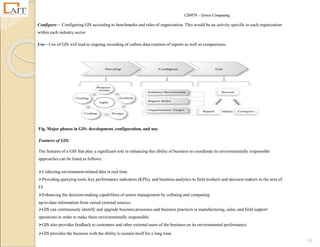 CS8078 – Green Computing
53
Configure— Configuring GIS according to benchmarks and rules of organization. This would be an activity specific to each organization
within each industry sector
Use—Use of GIS will lead to ongoing recording of carbon data creation of reports as well as comparisons.
Fig. Major phases in GIS: development, configuration, and use.
Features of GIS:
The features of a GIS that play a significant role in enhancing this ability of business to coordinate its environmentally responsible
approaches can be listed as follows:
Collecting environment-related data in real time.
Providing querying tools, key performance indicators (KPIs), and business analytics to field workers and decision makers in the area of
EI.
Enhancing the decision-making capabilities of senior management by collating and computing
up-to-date information from varied external sources.
GIS can continuously identify and upgrade business processes and business practices in manufacturing, sales, and field support
operations in order to make them environmentally responsible.
GIS also provides feedback to customers and other external users of the business on its environmental performance.
GIS provides the business with the ability to sustain itself for a long time.
 