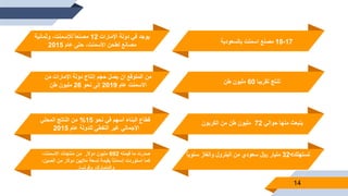 17-18‫مصنع‬‫بالسعودية‬ ‫اسمنت‬
‫ينبعث‬‫حوالي‬ ‫منها‬72‫مليون‬‫طن‬‫الكربون‬ ‫من‬
‫تقريبا‬ ‫تنتج‬60‫طن‬ ‫مليون‬
14
‫تستهلك‬>32‫سنويا‬ ‫والغاز‬ ‫البترول‬ ‫من‬ ‫سعودي‬ ‫لاير‬ ‫مليار‬
‫اإلمارات‬ ‫دولة‬ ‫في‬ ‫يوجد‬12‫وثمانية‬ ،‫لإلسمنت‬ ‫مصنعا‬
‫عام‬ ‫حتى‬ ،‫االسمنت‬ ‫لطحن‬ ‫مصانع‬2015
‫نحو‬ ‫في‬ ‫أسهم‬ ‫البناء‬ ‫قطاع‬15%‫المحلي‬ ‫الناتج‬ ‫من‬
‫عام‬ ‫للدولة‬ ‫النفطي‬ ‫غير‬ ‫اإلجمالي‬2015
‫من‬ ‫اإلمارات‬ ‫دولة‬ ‫إنتاج‬ ‫حجم‬ ‫يصل‬ ‫ان‬ ‫المتوقع‬ ‫من‬
‫عام‬ ‫االسمنت‬2019‫نحو‬ ‫إلى‬26‫طن‬ ‫مليون‬
‫صدرت‬‫قيمته‬ ‫ما‬692،‫االسمنت‬ ‫منتجات‬ ‫من‬ ‫دوالر‬ ‫مليون‬
،‫الصين‬ ‫من‬ ‫دوالر‬ ‫ماليين‬ ‫تسعة‬ ‫بقيمة‬ ‫إسمنتا‬ ‫استوردت‬ ‫كما‬
‫وفرنسا‬ ،‫والدنمارك‬.
 
