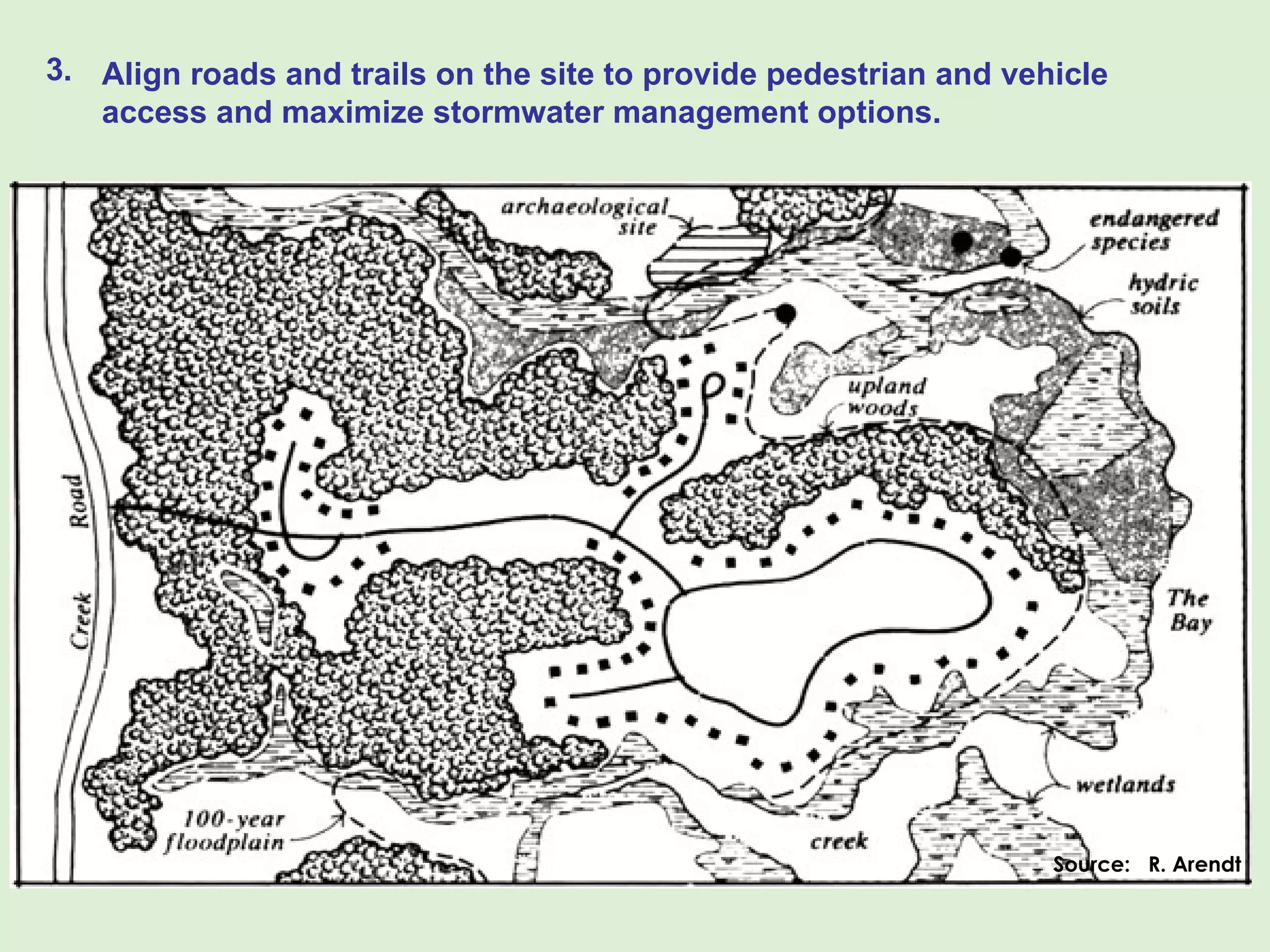 Align roads and trails on the site to provide pedestrian and vehicle access and maximize stormwater management options. 3. Source:  R. Arendt 