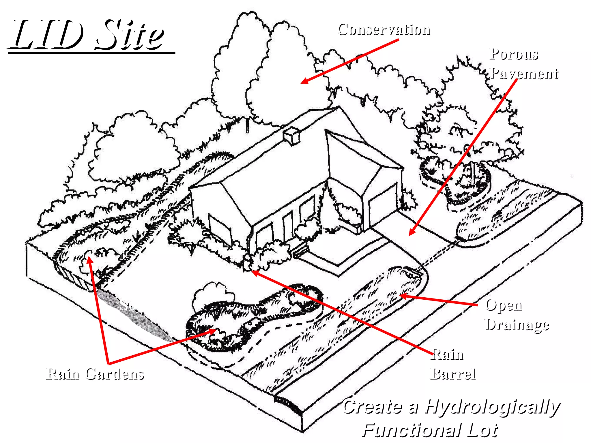 Conservation  Open Drainage Rain Gardens   Amended Soils Rain Barrel Lot Level  Source Controls LID Site  Porous Pavement  Create a Hydrologically  Functional Lot Narrower Streets 