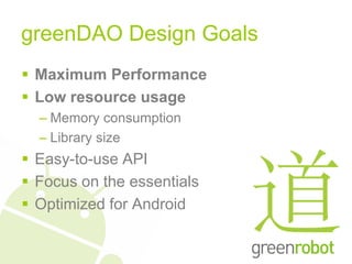 greenDAO Design Goals
 Maximum Performance
 Low resource usage
  – Memory consumption
  – Library size
 Easy-to-use API
 Focus on the essentials
 Optimized for Android
 
