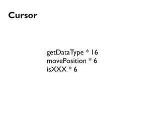Cursor



         getDataType * 16
         movePosition * 6
         isXXX * 6
 