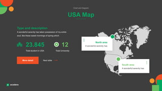 South area
A wonderful serenity has
North area
A wonderful serenity has
A wonderful serenity has taken possession of my entire
soul, like these sweet mornings of spring which
Type and description
23.845
Total student in USA
12
Total University
More detail Next slide
USA Map
Chart and diagram
 