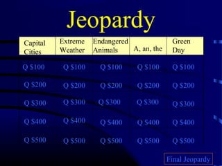 Jeopardy
Capital   Extreme   Endangered               Green
Cities    Weather   Animals    A, an, the    Day

Q $100     Q $100     Q $100     Q $100      Q $100

Q $200     Q $200     Q $200     Q $200      Q $200

Q $300     Q $300    Q $300      Q $300      Q $300

Q $400     Q $400     Q $400     Q $400      Q $400

Q $500     Q $500     Q $500     Q $500      Q $500

                                            Final Jeopardy
 