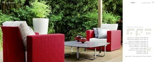 40   Greendesign Collection                       MARELA                            Greendesign Collection                   41




                                   ALGUNAS IDEAS DE COMPOSICIÓN MODULAR:

                                      C     B    B    B   A         A   B       B   B   A   A   B           B        B   A

                                      B                         A
                                                                                    P
                                                                B
                                      B
                                                  U                                                 U                U
                                      A                         B           P
                                                                A



                                                                                                        B
                                     Módulo básico 77 77x84x78cm. | 535 €* | 390 €**
                                     Módulo básico 59 59x84x78cm. | 475 €* | 345 €**                    B



                                          Módulo corner 90x90x78cm. | 770 €*| 540 €**                   C


                              Brazo izquierdo/derecho 14x77x60cm. | 330 €*| 235 €**                     A




                                           Butacón 77 105x84x78cm. | 1.190 €* | 850 €**                 U


                                            Butacón 59 87x84x78cm. | 1.130 €* | 805 €**                 U


                                                Tumbona 77x183x77cm. | 655 €* | 480 €**                          T


                                          Chaise longue 77x143x77cm. | 620 €* | 450 €**                         CL


                                                               Puff 77x84x31cm. | 330 €**               P

                                                               Puff 59x84x31cm. | 290 €**               P




                              Tapicería no incluida   *Precio entelado cinchas | **Precio entelado liso
 