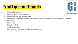 Event Experience Elements
● Hacking in Outdoors
● Industry Mentors and Inﬂuencers
● Discussion pods and Sleeping pods
● Visitor Area for green innovative companies & Sponsors to present their products & Solutions.
● Bean bags
● Music zone
● Experience Wall
● Outdoor Activities
● Free Food for Participants (Coffee and food trucks)
 