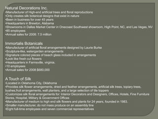 Product DevelopmentMission: creating botanicals that are more realistic and lifelikeMost desired permanent botanical: Silk flowerhttp://ddhs.win.mofcom.gov.cn/www/28%5Cddhs%5Cimg%5C2007116155955.jpg 