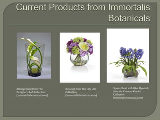 Licensing“it’s not for everyone”BenefitsBrand recognition and developmentCreative ideas and new conceptsSplit argument on success of licensingUsually not long lasting (2 years)Companies begin developing own collectionLicenses can lead focus to a specific segment2009 - Williamsburg has formed a new licensing relationship with Winward International to create permanent botanicals and seasonal accents http://www.winwardsilks.com/Products_files/Floral-tab-page-web.jpg http://www.winwardsilks.com/Showrooms_files/UC-showroom2-LR.jpg Easton, J. (2009). Permanent botanicals join williamsburg licensed products. Home Accents Today, Retrieved from http://www.homeaccentstoday.com/article/ca6670875.htmlIngram, C. (2007). Licensing: the product has to support the name.Home Accents Today, Retrieved from http://findarticles.com/p/articles/mi_hb3128/is_200705/ai_n19285807/