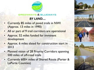 BY LAND…
•   Currently 85 miles of paved trails in NWI
    (Approx. 13 miles in 1990)
•   All or part of 9 trail corridors are operational
•   Approx. 52 miles funded for imminent
    development
•   Approx. 6 miles slated for construction start in
    2013
•   Planned vision of 28 Priority Corridors spanning
    500 miles of off-road trails
•   Currently 600+ miles of Shared Route (Porter &
    LaPorte Counties)
 