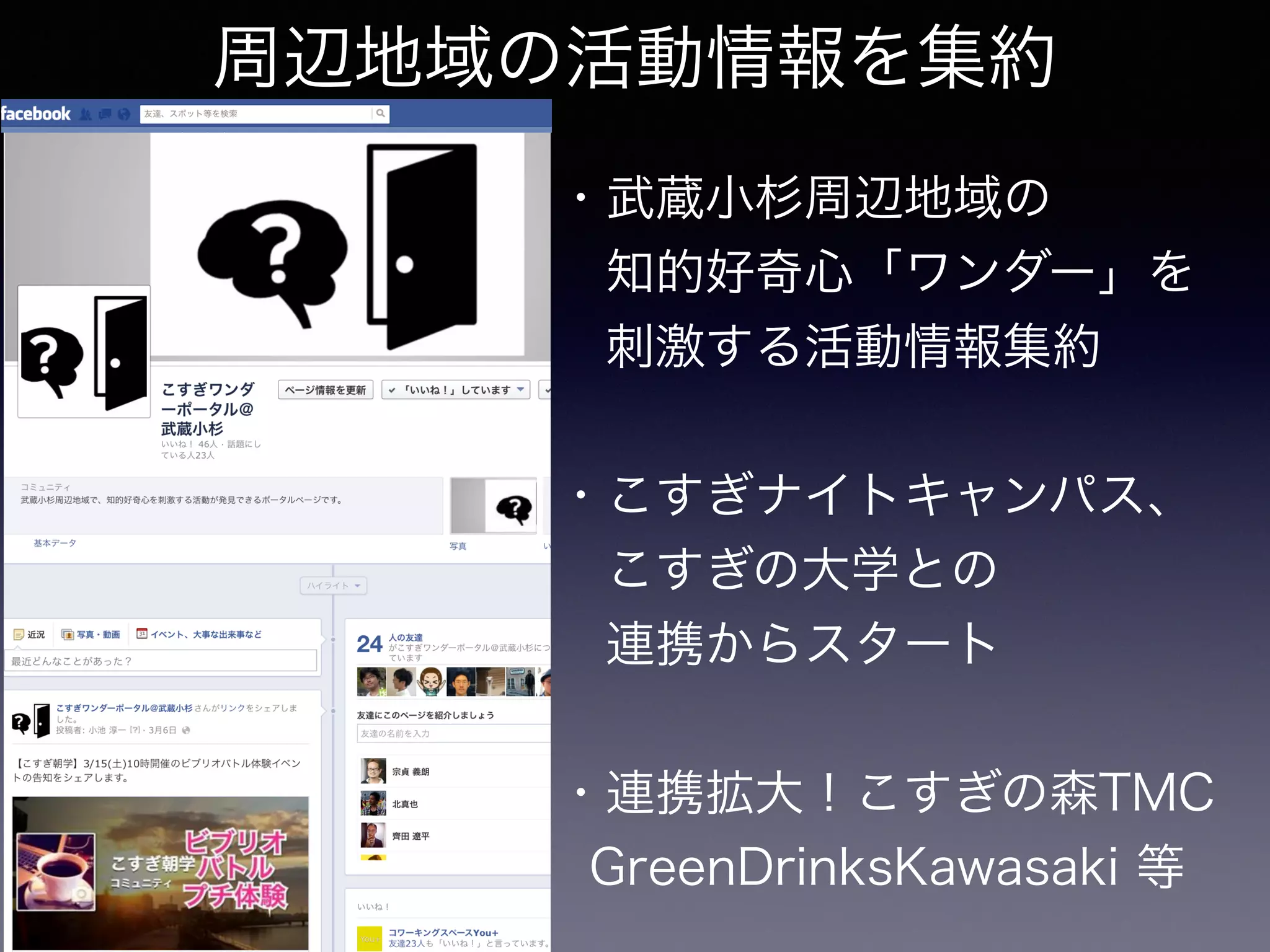 周辺地域の活動情報を集約
・武蔵小杉周辺地域の
知的好奇心「ワンダー」を
刺激する活動情報集約

・こすぎナイトキャンパス、
こすぎの大学との
連携からスタート

・連携拡大！こすぎの森TMC
GreenDrinksKawasaki 等
 