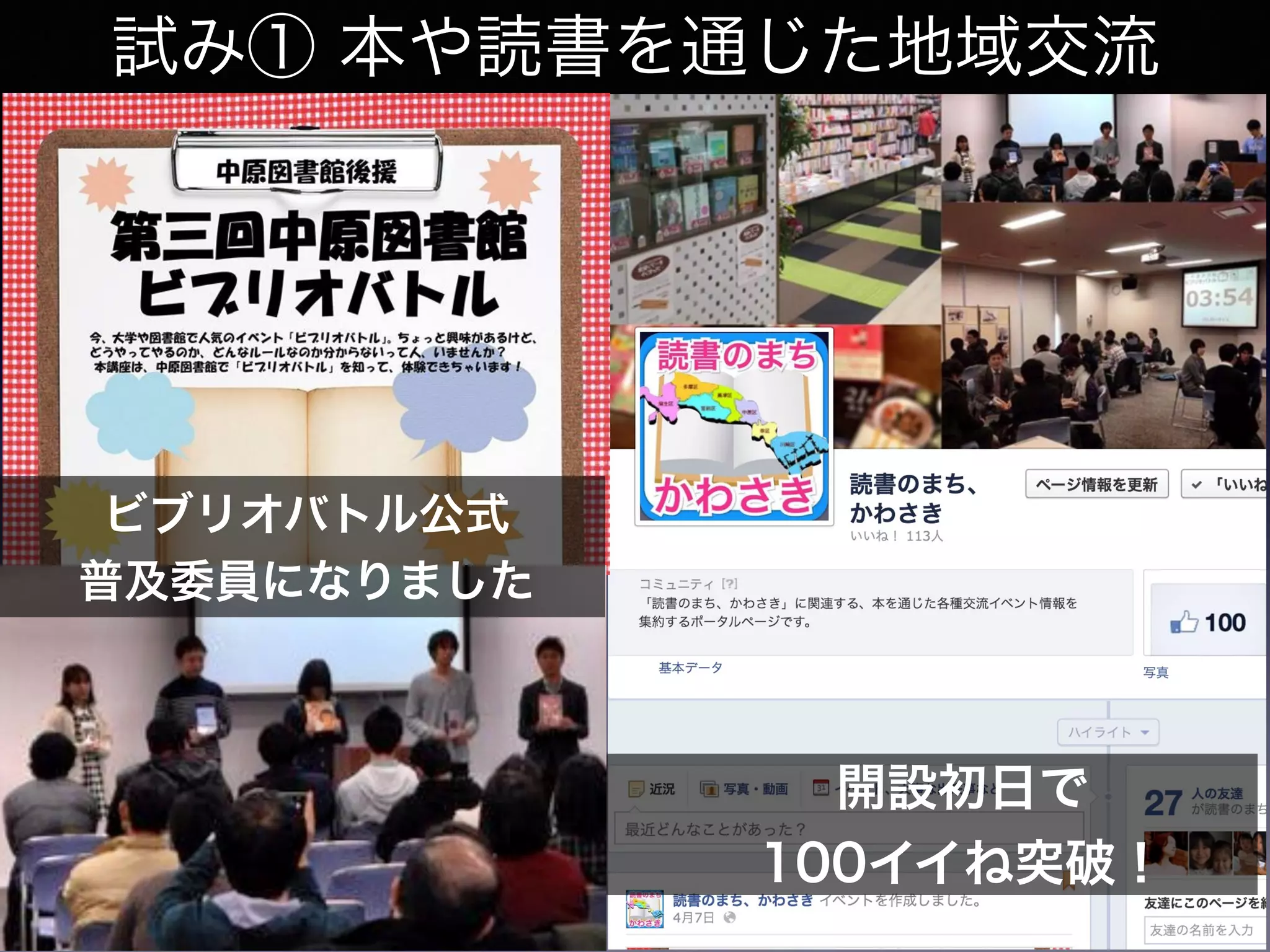 試み① 本や読書を通じた地域交流
ビブリオバトル公式
普及委員になりました
開設初日で
100イイね突破！
 